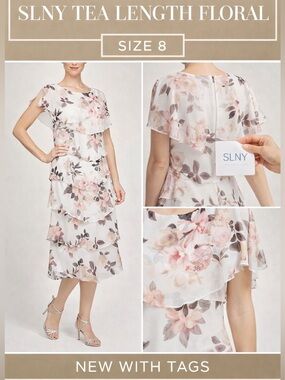 SLNY White Floral Tiered Tea Length Shift Midi Dress Size 8 NWT Wedding Guest